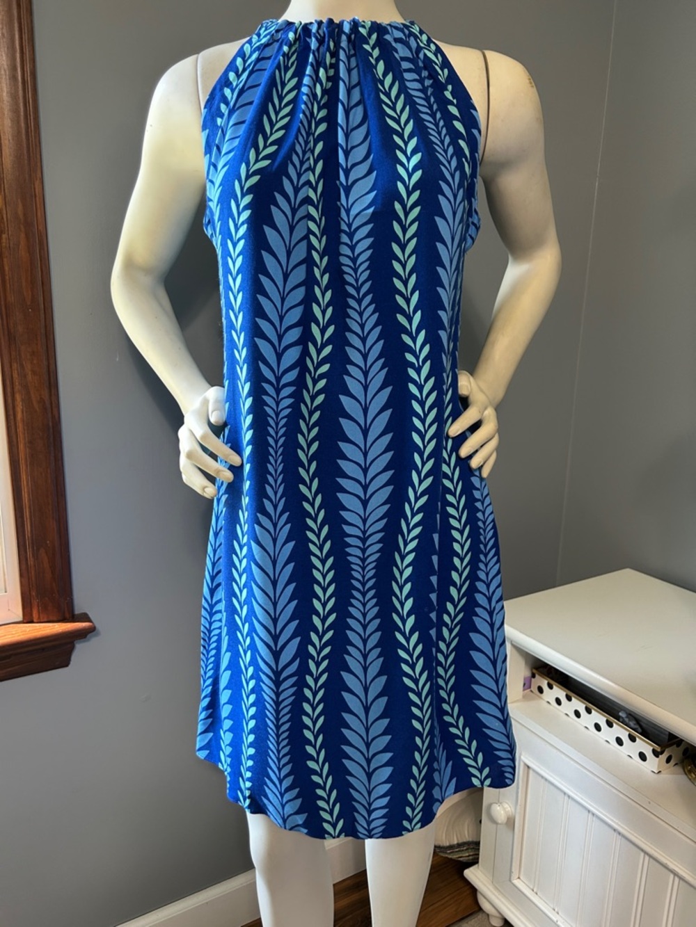 Escapada Blue Leaf Patterned Halter Mini Dress Resortwear